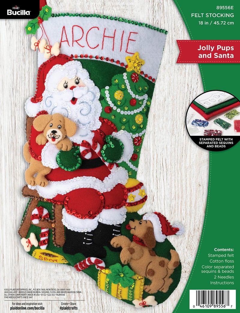 Bucilla Bucilla Felt Applique 18 Stocking Making Kit Jolly Pups Santa Perfect for DIY Arts and Crafts 89556E 