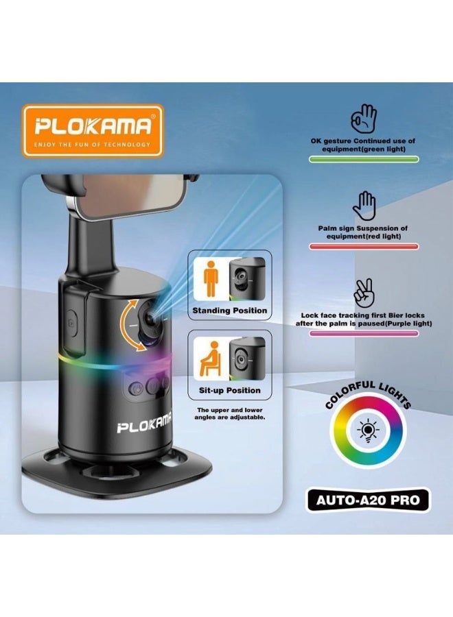 بلوكاما حامل هاتف جيمبال PLOKAMA AUTO-A20 PRO 360° ذكي بتتبع الوجه تلقائيًا مع إضاءة LED مزدوجة وجهاز تحكم بلوتوث - Image 3