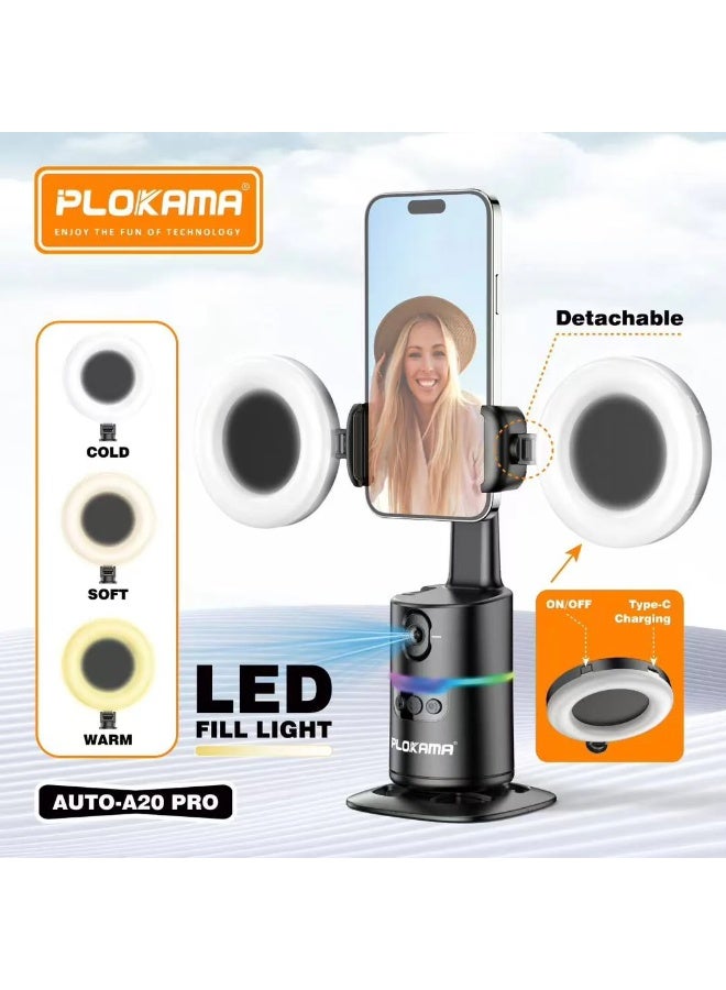 بلوكاما حامل هاتف جيمبال PLOKAMA AUTO-A20 PRO 360° ذكي بتتبع الوجه تلقائيًا مع إضاءة LED مزدوجة وجهاز تحكم بلوتوث - Image 2