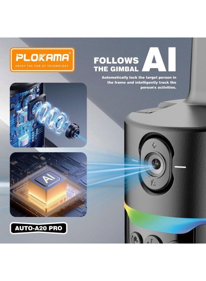 بلوكاما حامل هاتف جيمبال PLOKAMA AUTO-A20 PRO 360° ذكي بتتبع الوجه تلقائيًا مع إضاءة LED مزدوجة وجهاز تحكم بلوتوث - Image 4