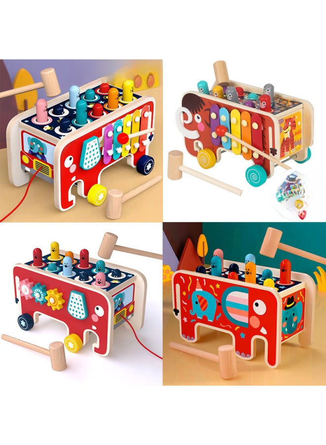 Wooden Cartoon Elephant Hamster Baby Children Early Education Knock Piling Table Drag Toddler Toy-Color:Mammoth Push-pull Whack-a-mole - Image 2
