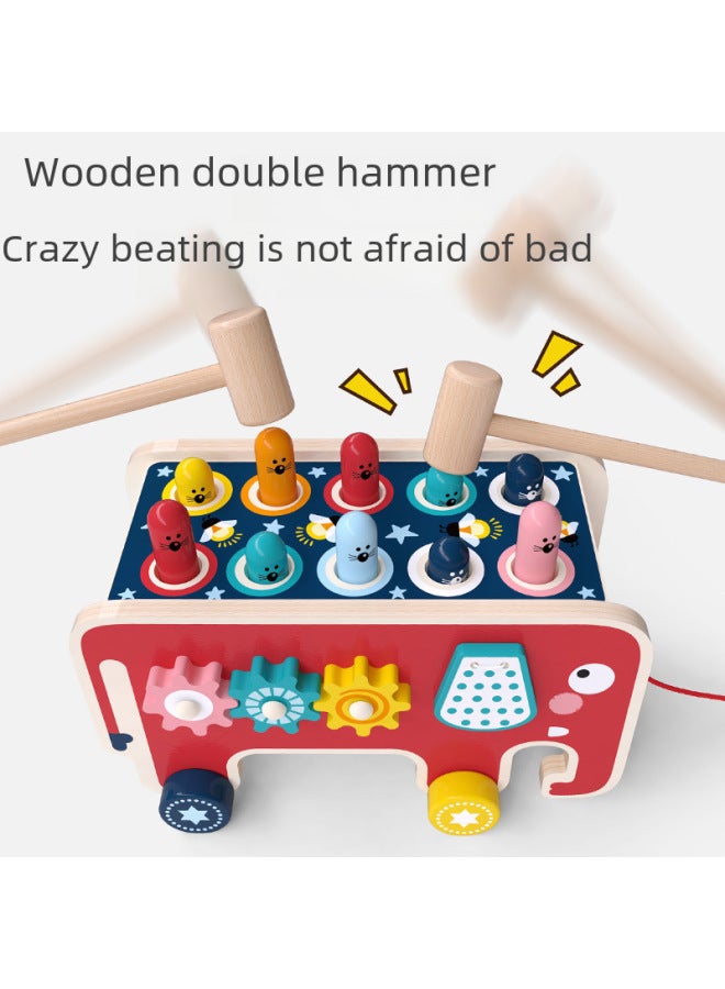 Wooden Cartoon Elephant Hamster Baby Children Early Education Knock Piling Table Drag Toddler Toy-Color:Mammoth Push-pull Whack-a-mole - Image 4