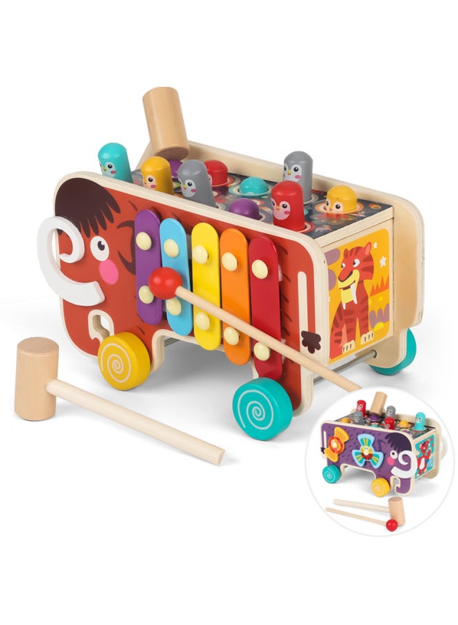 Wooden Cartoon Elephant Hamster Baby Children Early Education Knock Piling Table Drag Toddler Toy-Color:Mammoth Push-pull Whack-a-mole - Image 1
