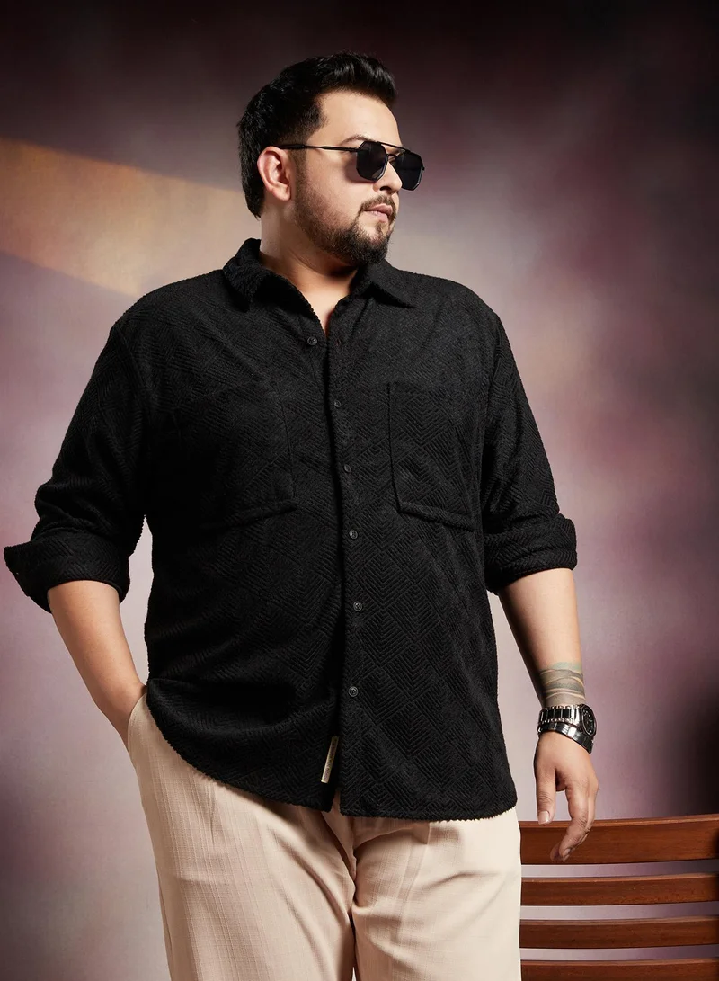 Instafab Plus Instafab Plus Men's Onyx Black Axisline Utility-Relaxed Shirt For Casual Wear | Spread Collar | Long Cuffed Sleeves | Button Closure | Plus Size Shirt Crafted With Comfort Fit For Everyday Wear