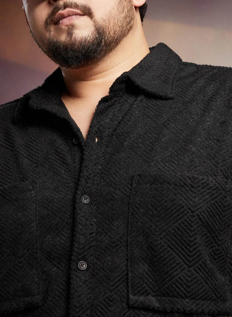 Instafab Plus  Instafab Plus Men's Onyx Black Axisline Utility-Relaxed Shirt For Casual Wear | Spread Collar | Long Cuffed Sleeves | Button Closure | Plus Size Shirt Crafted With Comfort Fit For Everyday Wear for Men | Best Price UAE