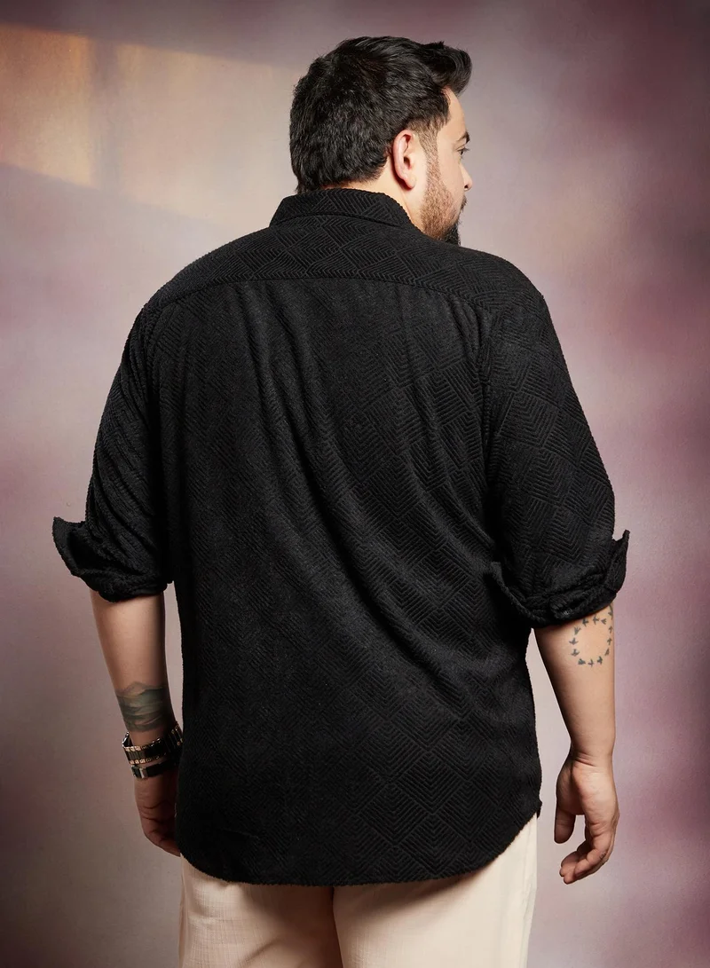 Instafab Plus  Instafab Plus Men's Onyx Black Axisline Utility-Relaxed Shirt For Casual Wear | Spread Collar | Long Cuffed Sleeves | Button Closure | Plus Size Shirt Crafted With Comfort Fit For Everyday Wear for Men | Best Price UAE