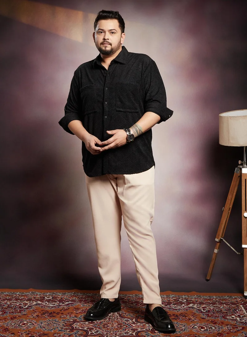 Instafab Plus  Instafab Plus Men's Onyx Black Axisline Utility-Relaxed Shirt For Casual Wear | Spread Collar | Long Cuffed Sleeves | Button Closure | Plus Size Shirt Crafted With Comfort Fit For Everyday Wear for Men | Best Price UAE