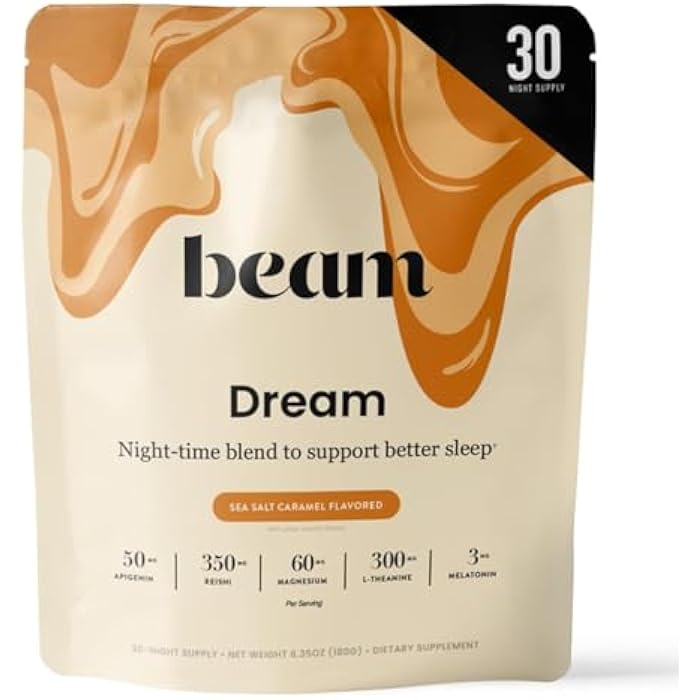 Beam Dream Sleep Powder – Sleep Aid for Adults with Melatonin, Magnesium, L-Theanine, Reishi Mushroom & Apigenin Sleep Supplement, Sleepy Cocoa Bedtime Drink Mix, Sea Salt Caramel Flavor, 30 Servings - Image 1