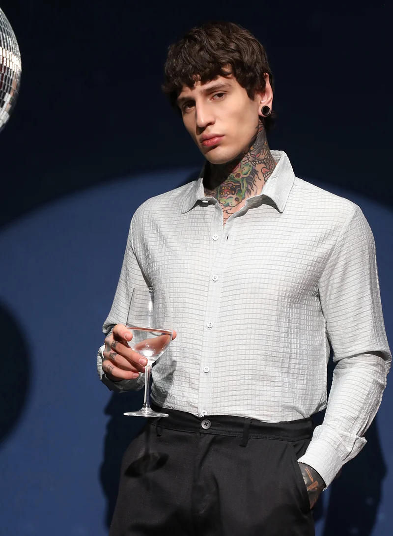 كامبوس سوترا قميص رجالي شبكي أخضر نعناعي فاتح بتصميم تكتورا للاستخدام اليومي بياقة عريضة وأكمام طويلة بأزرار