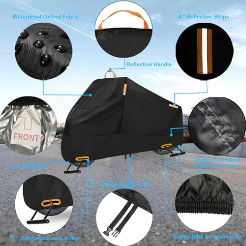 INEZARI Motorcycle Cover Waterproof Outdoor, 300D Heavy Duty Motorcycle Cover for Harley Davidson Electra Glide Ultra Limited CVO Road Street Glide Honda Gold Wing Protection Fits up to 116" - Black - Image 2