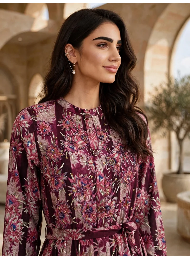 Ikkxa IKKXA Elegant Floral Print Long Sleeve Jalabiya IK11Pink