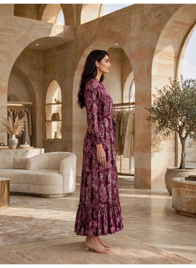 IKKXA Elegant Floral Print Long Sleeve Jalabiya IK11Pink - Image 4