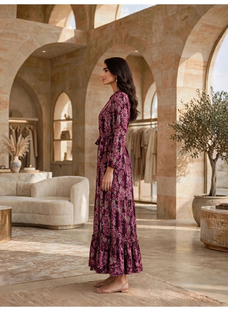 IKKXA Elegant Floral Print Long Sleeve Jalabiya IK11Pink - Image 3