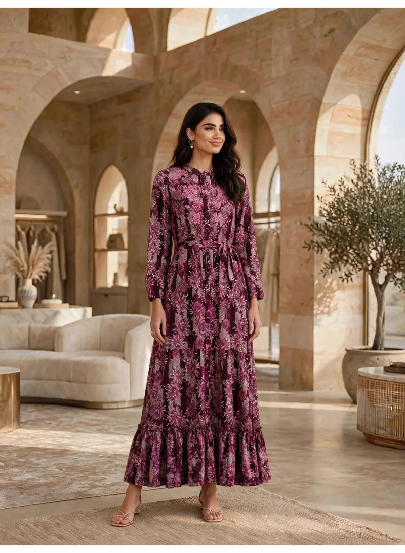 Ikkxa IKKXA Elegant Floral Print Long Sleeve Jalabiya IK11Pink