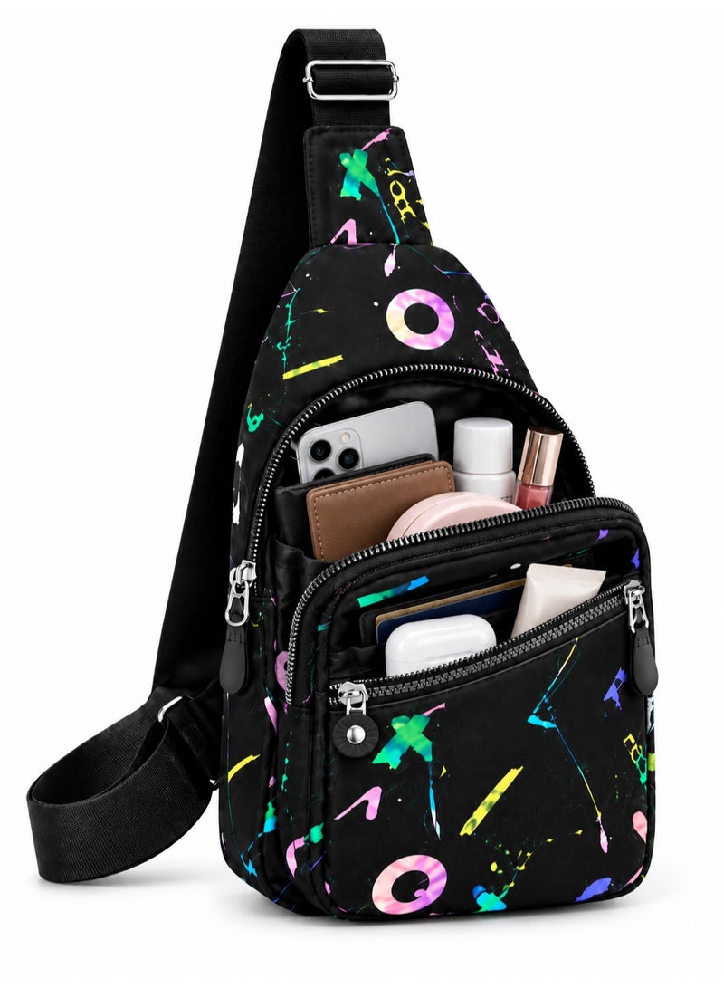 FASHION Girls' Crossbody Chest Bag with Modern Design and Multiple Zippers – Black with Glittery Patterns – Lightweight and Practical for Everyday Use - Image 5