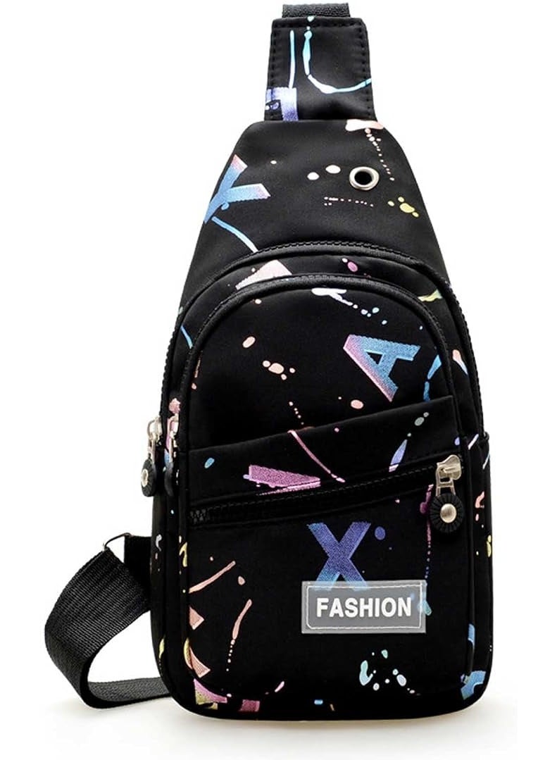 FASHION Girls' Crossbody Chest Bag with Modern Design and Multiple Zippers – Black with Glittery Patterns – Lightweight and Practical for Everyday Use - Image 4