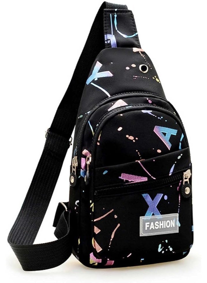 FASHION Girls' Crossbody Chest Bag with Modern Design and Multiple Zippers – Black with Glittery Patterns – Lightweight and Practical for Everyday Use - Image 1