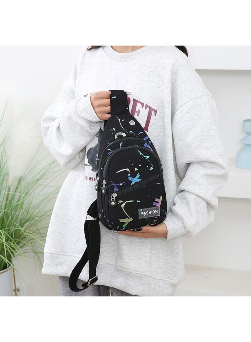 FASHION Girls' Crossbody Chest Bag with Modern Design and Multiple Zippers – Black with Glittery Patterns – Lightweight and Practical for Everyday Use - Image 2