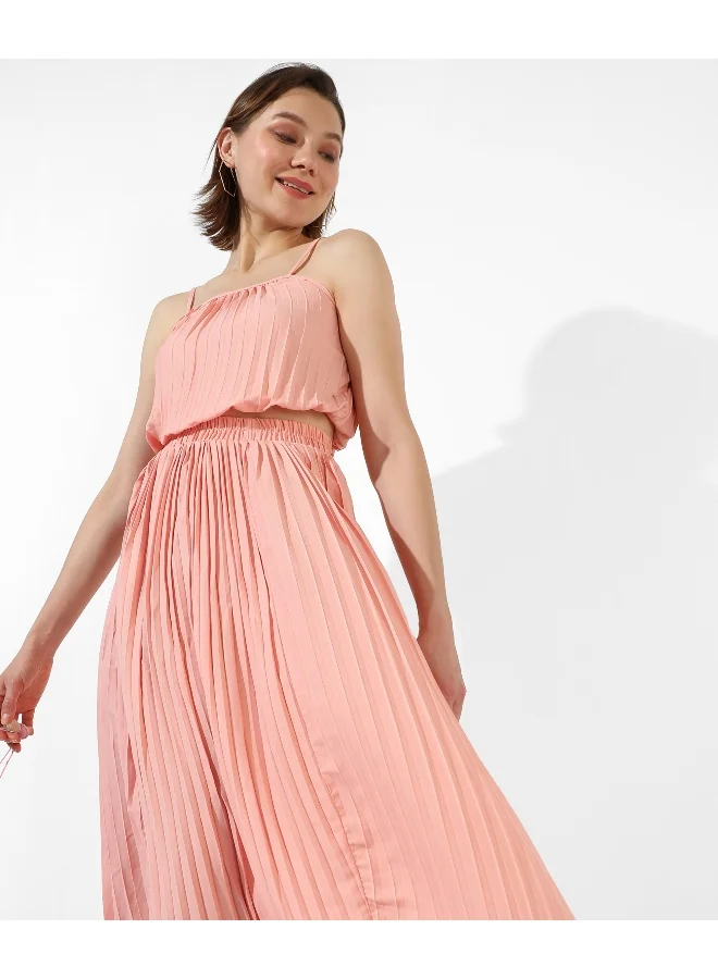 Campus Sutra Women's Solid Pink Square Neck Sleeveless Regular Fit Co-Ords Set For Casual Wear |  Clothing Set Crafted With Comfort Fit And High Performance  For Everyday Wear