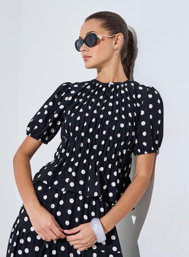 Styli Black Polka Dot Ruched Details Blouse - Image 1