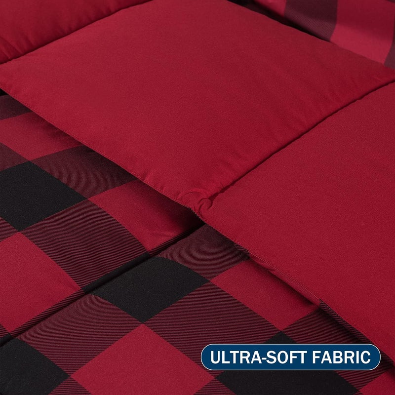downluxe Lightweight Plaid Comforter Set (King) with 2 Pillow Shams - 3-Piece Set - Red/Black Plaid - Down Alternative Reversible Comforter - Image 4