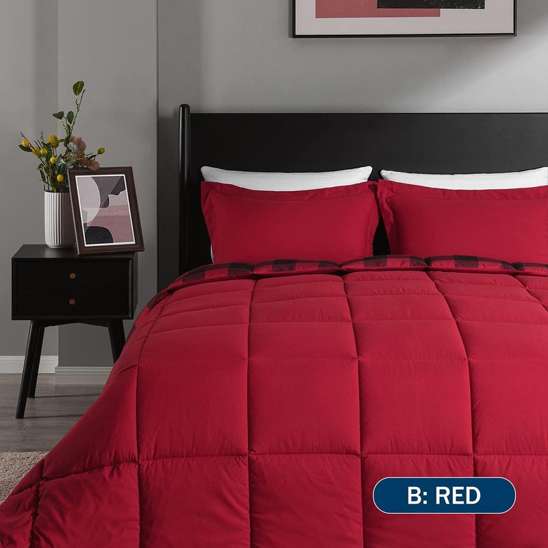 downluxe Lightweight Plaid Comforter Set (King) with 2 Pillow Shams - 3-Piece Set - Red/Black Plaid - Down Alternative Reversible Comforter - Image 3