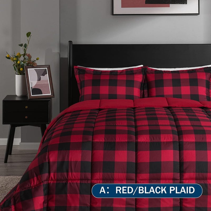 downluxe Lightweight Plaid Comforter Set (King) with 2 Pillow Shams - 3-Piece Set - Red/Black Plaid - Down Alternative Reversible Comforter - Image 2
