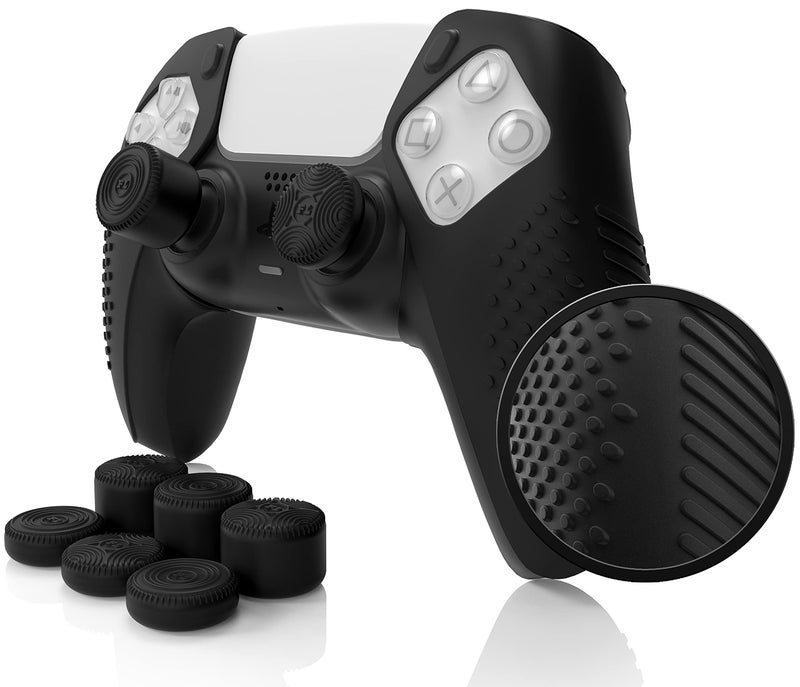 Foamy Lizard SensePro PS5 Controller Skin | Dock Compatible, Soft Flat Anti-Slip Studded Silicone Gel Grip Cover for PlayStation 5 Dualsense, Rubber Protector Plus 8 Raised Thumb Grip Caps (Black) - Image 1