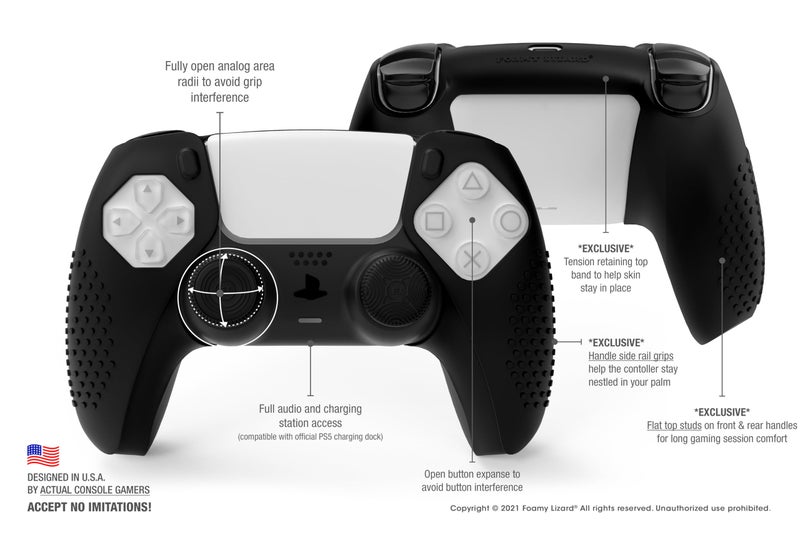 Foamy Lizard SensePro PS5 Controller Skin | Dock Compatible, Soft Flat Anti-Slip Studded Silicone Gel Grip Cover for PlayStation 5 Dualsense, Rubber Protector Plus 8 Raised Thumb Grip Caps (Black) - Image 3