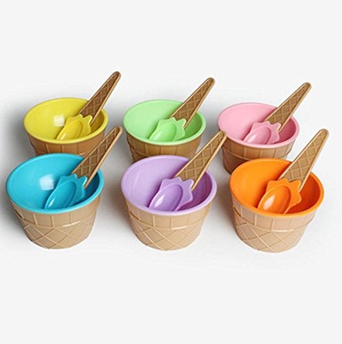 Mantavya BPA Free Plastic 6 Ice Cream Cone Shape Bowl with 6 Spoons - Image 3