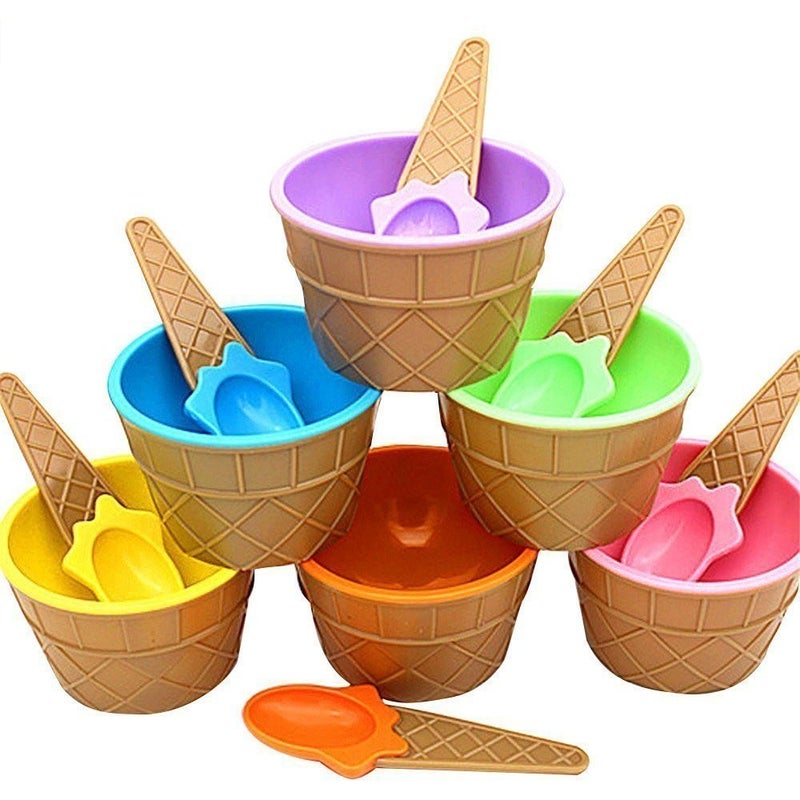Mantavya BPA Free Plastic 6 Ice Cream Cone Shape Bowl with 6 Spoons - Image 1