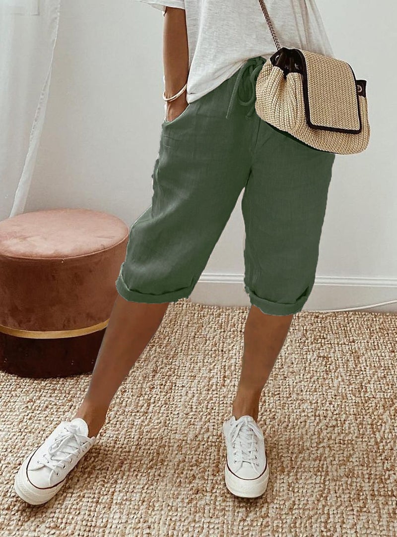 Women's Cotton Linen Mid-Rise Casual Capri Pants with Pockets - Loose Fit, Commuter Style, Spring 2023
