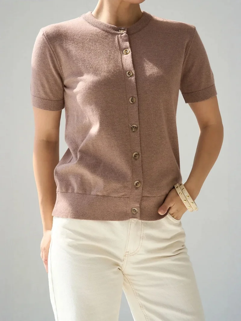 Qustyle QU STYLE Crew Neck Ribbed Knit Cardigan