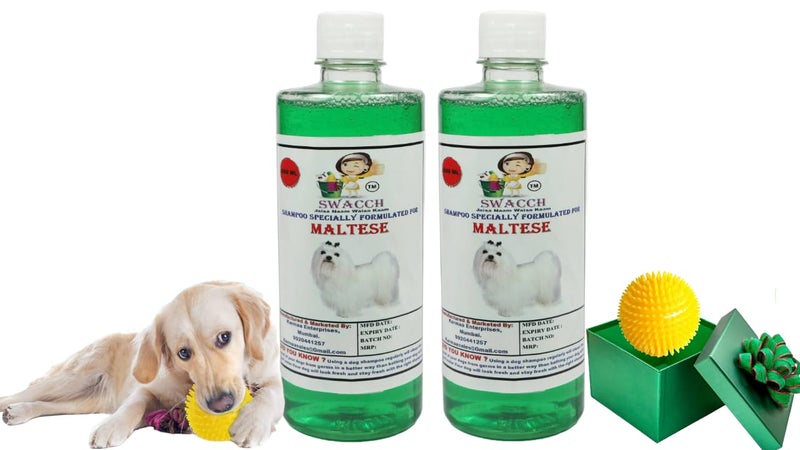 swacch Shampoo | Puppy Safe Shampoo | PH Balanced | Ditch to Itch for Maltese Dog Shampoo 500ml Pack of 2 (Neem Alovera) + Spike Ball Chew Toy Combo Pack - Image 1