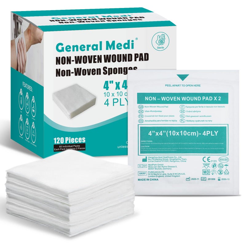 General Medi Sterile Gauze Sponges, 4 x 4 Non-Woven Wound Pads - Individually Wrapped Highly Absorbent Sponges Pads for Cushioning Minor Wounds, Cuts u0026 Burns Wound Care (60 Packs, 120 Pieces Total) - Image 1