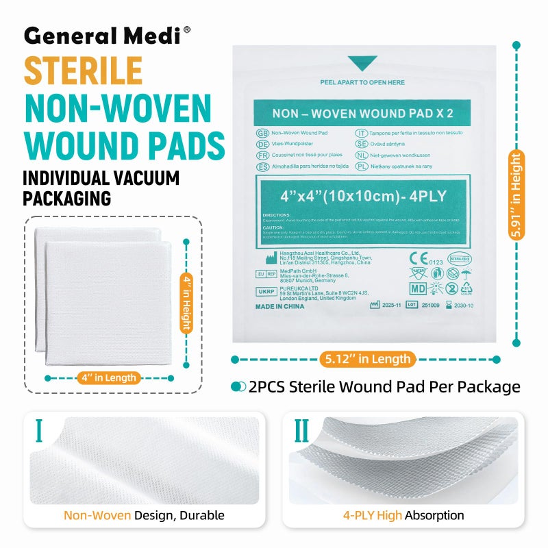 General Medi Sterile Gauze Sponges, 4 x 4 Non-Woven Wound Pads - Individually Wrapped Highly Absorbent Sponges Pads for Cushioning Minor Wounds, Cuts u0026 Burns Wound Care (60 Packs, 120 Pieces Total) - Image 2