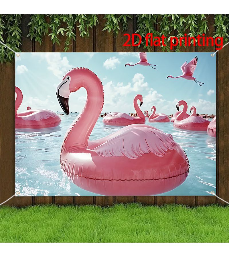 2D Flat Party Banner 70.87 X 90.55 Inches Flamingo Pool Floats Flying Birds Sunny Tropical Ocean Clear Sky Summer Vibes Decor For Home Room Garden Outdoor Celebration Halloween Christmas New Year - Image 1