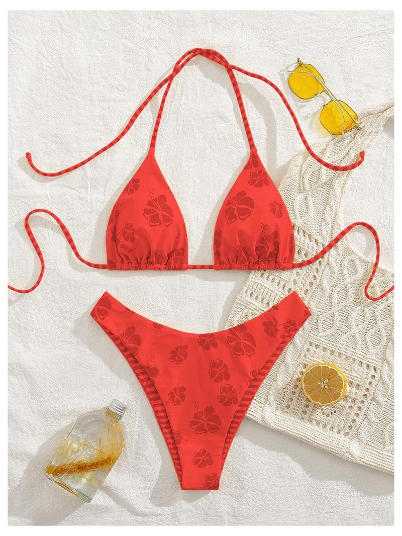 MakeMeChic Women's Polka Dots Triangle Thong Bikini Sets Floral Cute Bathing Suit Swimsuits Red a Medium - Image 3