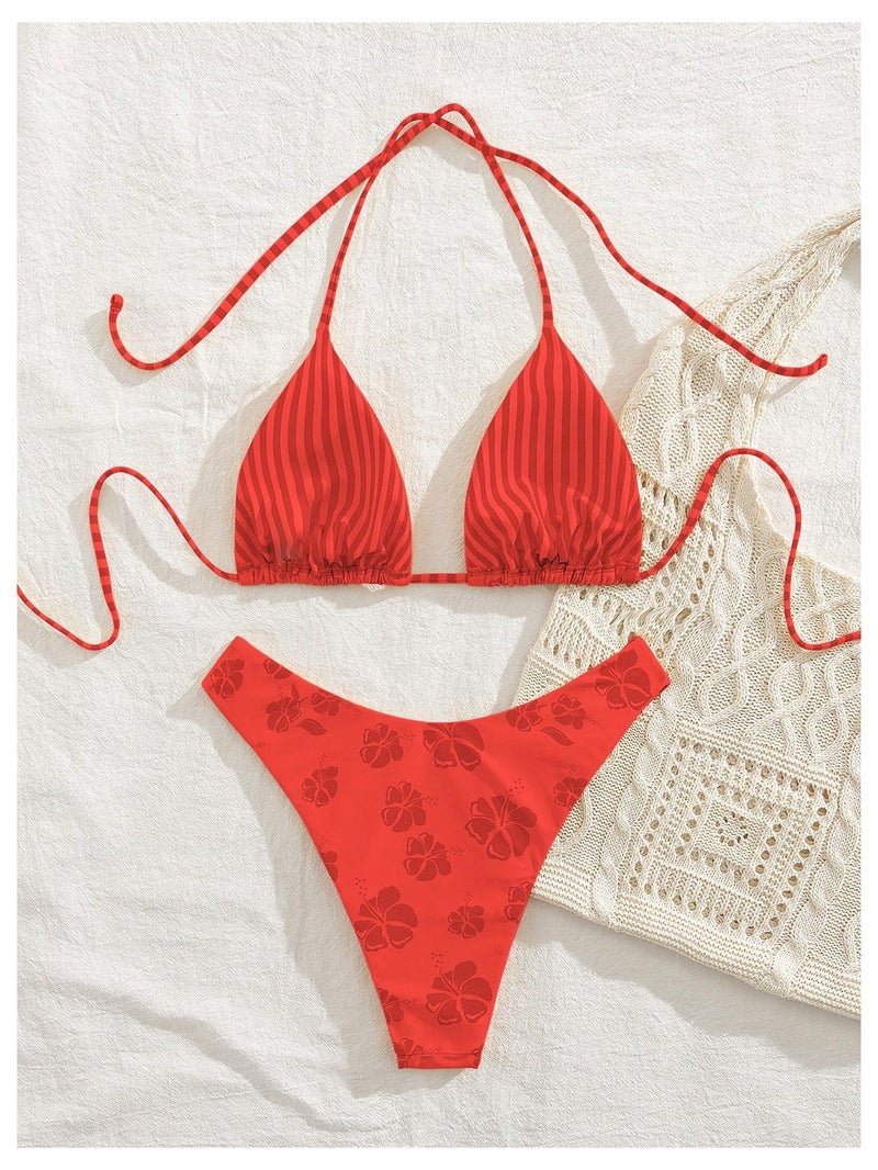 MakeMeChic Women's Polka Dots Triangle Thong Bikini Sets Floral Cute Bathing Suit Swimsuits Red a Medium - Image 4