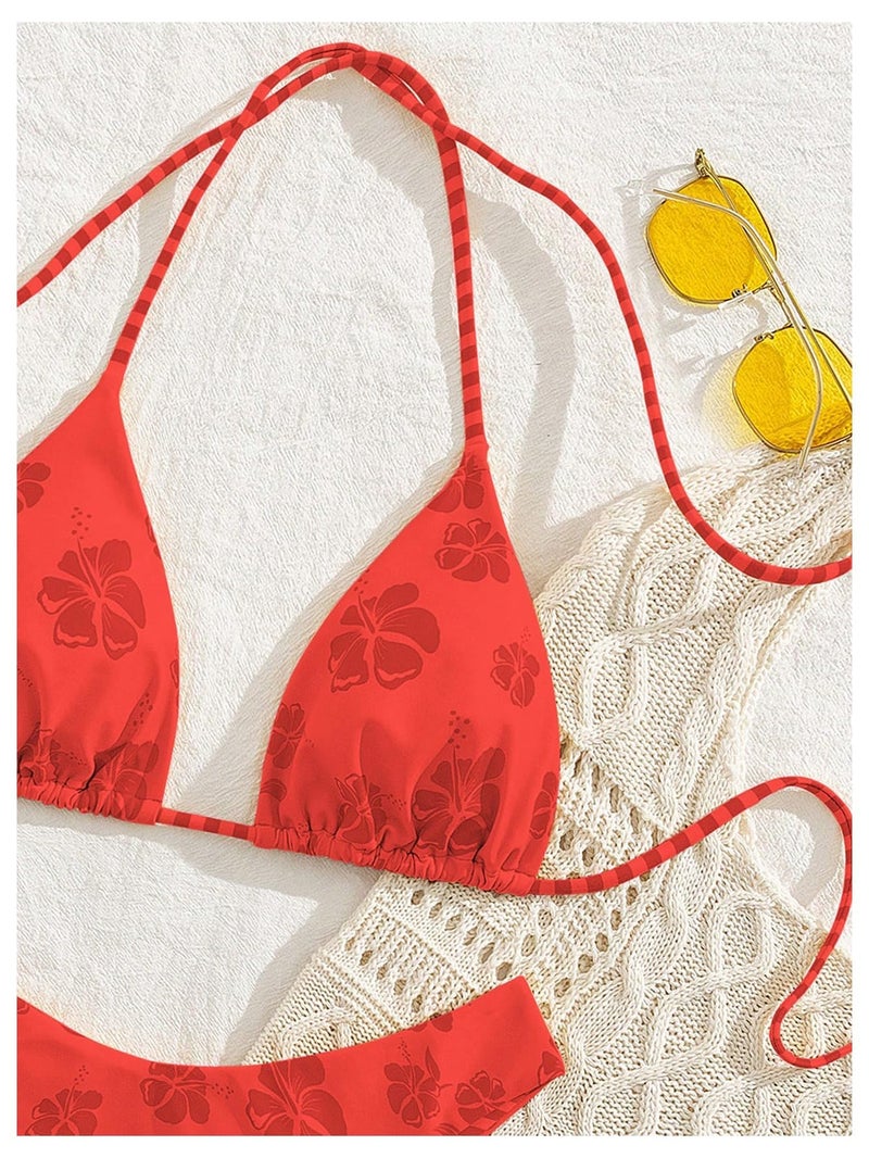 MakeMeChic Women's Polka Dots Triangle Thong Bikini Sets Floral Cute Bathing Suit Swimsuits Red a Medium - Image 5