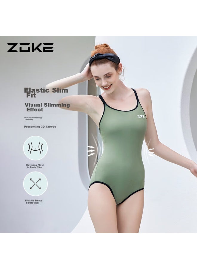Zoke One-piece Triangle Women's Professional Training Slimming Fashionable Swimsuit 123501131 Army Green/black XL - Image 4