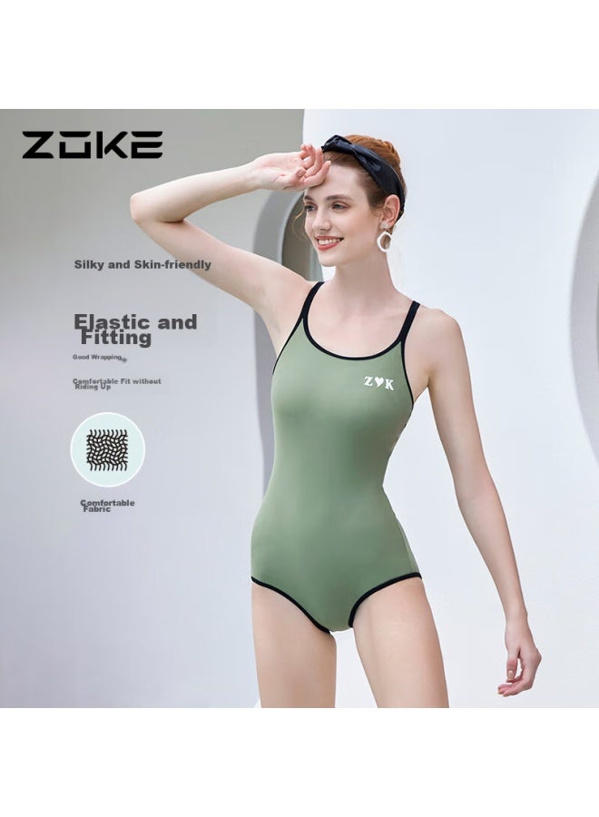 Zoke One-piece Triangle Women's Professional Training Slimming Fashionable Swimsuit 123501131 Army Green/black XL - Image 5