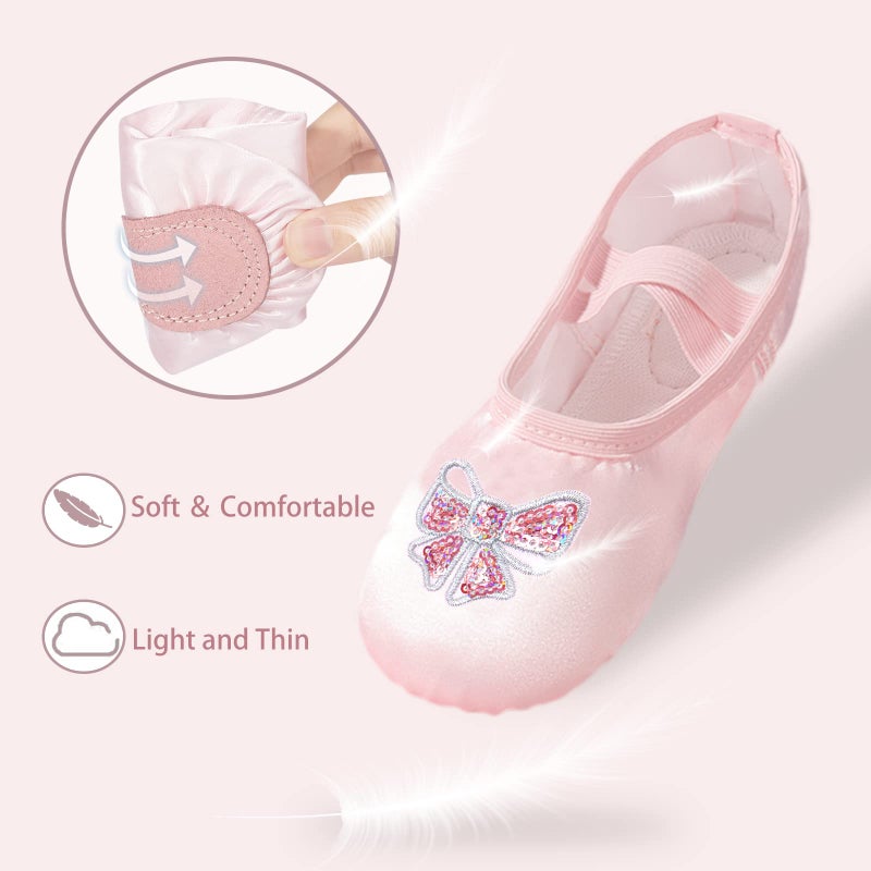 TRIPLE DEER Ballet Shoes for Girls, Satin Dance Practice Slippers Split Soft Leather Flat Sole Yoga Gymnastics Shoes Bow Sequins Pattern(Toddler/Little/Big Kid) - Image 5