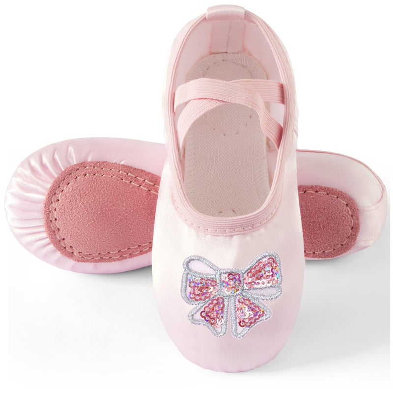 TRIPLE DEER Ballet Shoes for Girls, Satin Dance Practice Slippers Split Soft Leather Flat Sole Yoga Gymnastics Shoes Bow Sequins Pattern(Toddler/Little/Big Kid) - Image 1