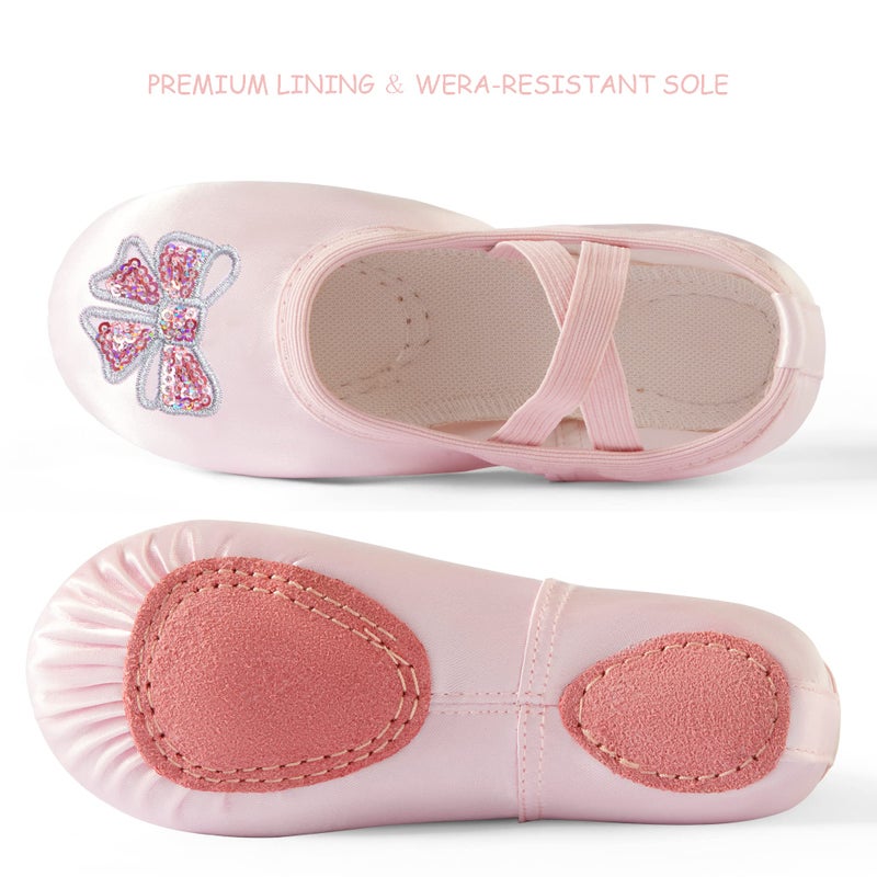 TRIPLE DEER Ballet Shoes for Girls, Satin Dance Practice Slippers Split Soft Leather Flat Sole Yoga Gymnastics Shoes Bow Sequins Pattern(Toddler/Little/Big Kid) - Image 3