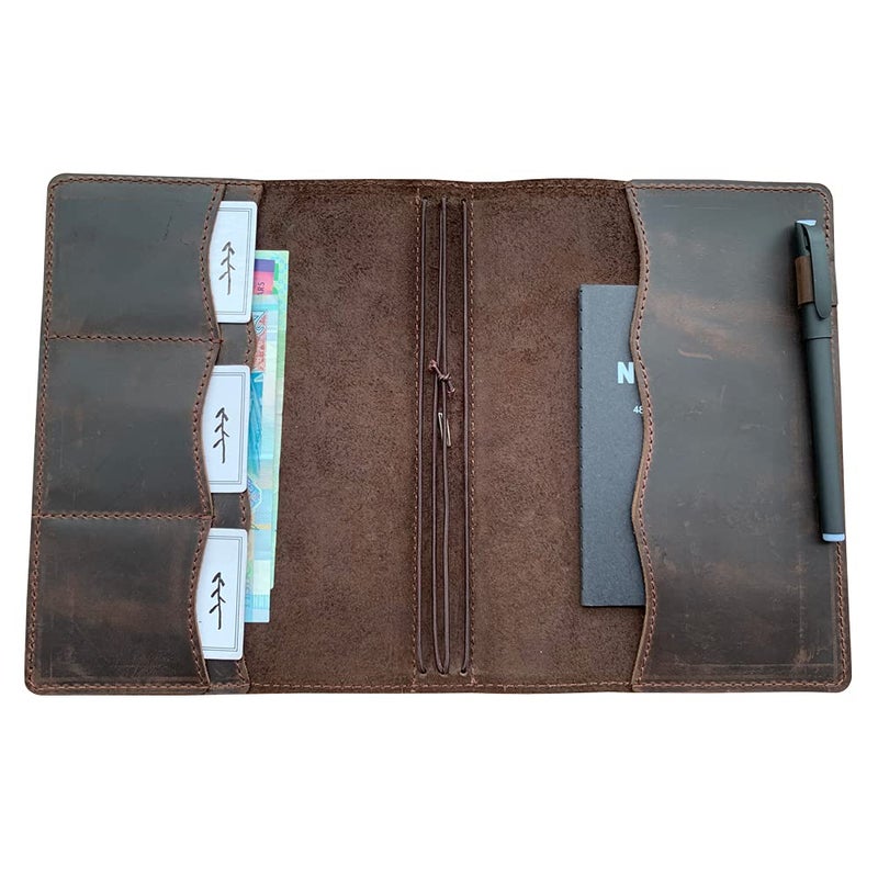 newestor Travelers Notebook Cover with Inner Pockets, Card Slots and Pen Holder, A5 Size, Dark Brown  - Image 2