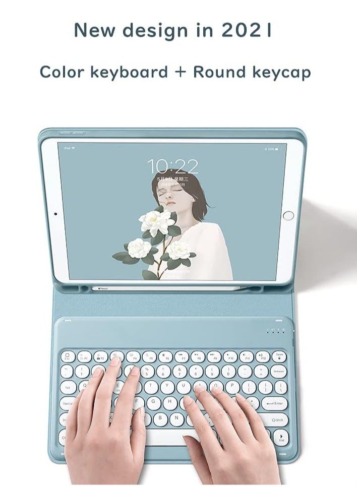 iPad Mini 5th Generation Mini 4 Keyboard Case Backlit Keys Cute Round Buttons, iPad Mini 5 Detachable Colorful Keyboard Case with Pencil Holder (Sky Blue + Blue and White Keyboard) - Image 5