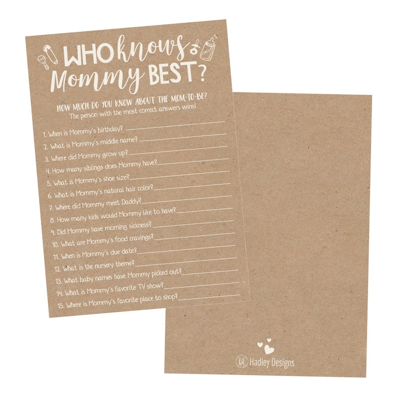 Hadley Designs Hilarious Baby Shower Games Set 25 Who Knows Mommy Best Baby Shower Game Gender Neutral and Fun for Boys Girls Rustic