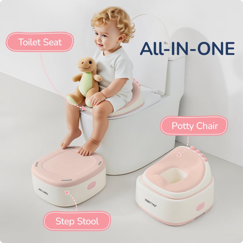 usbettas 3 in 1 Potty Training Toilet, Dinosaur Toddler Potty Training Seat for Boys Girls with Comfortable Cushion, Easy-to-Clean and Anti-Slip Potty Training Step Stool for Toilet (Pink) - Image 4