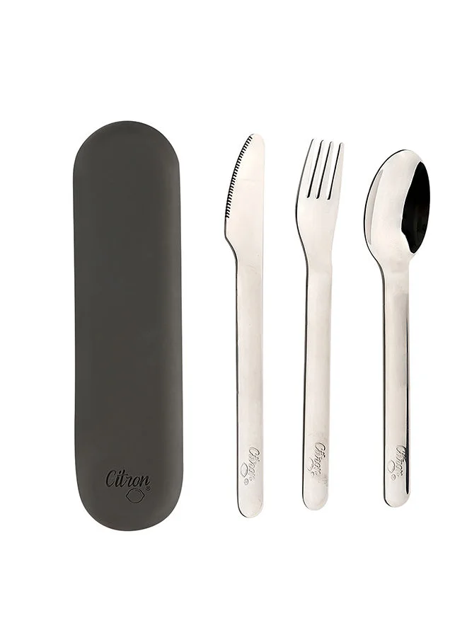 Citron 3 Pieces Stainless Steel Cutlery Set, Silverware Fork, Spoon And Knife Bpa Free Set For Kids - Black